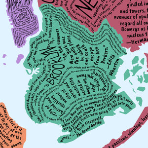 Mapa literario de Nueva York en inglés con citas sobre la ciudad.