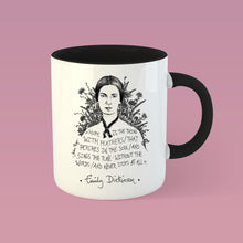 Cargar imagen en el visor de la galería, Taza blanca con interior y asa negra con ilustración y cita de Emily Dickinson en inglés.