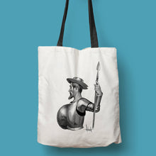 Cargar imagen en el visor de la galería, Tote bag natural con asa negra con ilustración de Don Quijote por Fernando Vicente