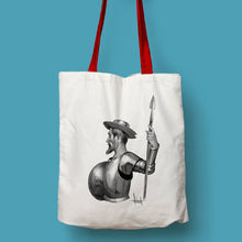 Cargar imagen en el visor de la galería, Tote bag natural con asa roja con ilustración de Don Quijote por Fernando Vicente