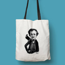 Cargar imagen en el visor de la galería, Tote bag natural con asa negra con ilustración de Edgar Allan Poe por Fernando Vicente