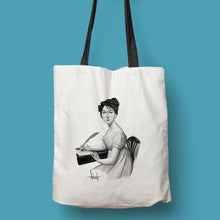 Cargar imagen en el visor de la galería, Tote bag natural con asa negra con ilustración de Jane Austen por Fernando Vicente