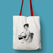 Cargar imagen en el visor de la galería, Tote bag natural con asa roja con ilustración de Jane Austen por Fernando Vicente