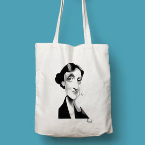 Tote bag natural con asa natural con ilustración de Virginia Woolf por Fernando Vicente