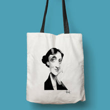 Cargar imagen en el visor de la galería, Tote bag natural con asa negra con ilustración de Virginia Woolf por Fernando Vicente