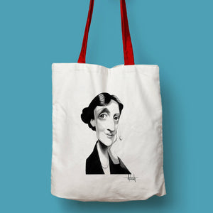 Tote bag natural con asa roja con ilustración de Virginia Woolf por Fernando Vicente