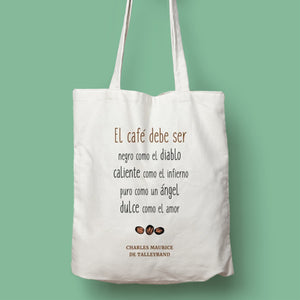 Tote bag natural con asa natural de la colección Quotes & Co con cita de Charles Maurice de Talleyrand sobre sobre el café.
