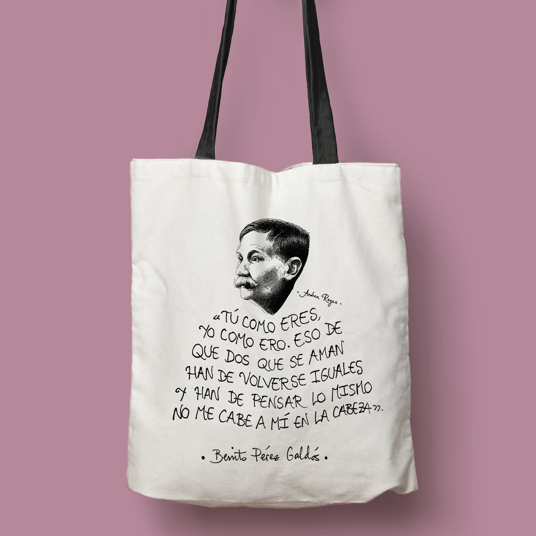 Tote bag natural con asa negra con ilustración y cita de Benito Pérez Galdós.