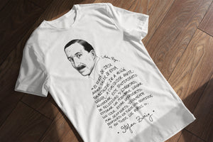 Camiseta blanca hombre con ilustración y cita de Stefan Zweig en español.