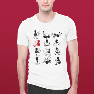 Camiseta blanca hombre de la colección Lectorix con 12 figuras de personas leyendo.