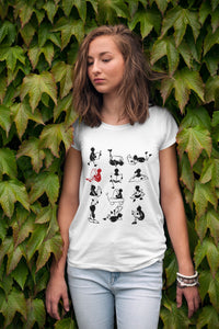Camiseta blanca mujer de la colección Lectorix con 12 figuras de personas leyendo.