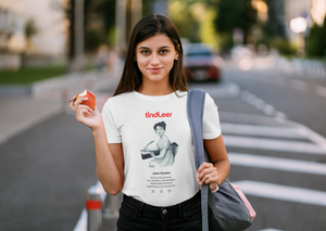 Camiseta blanca mujer con ilustración de Jane Austen por Fernando Vicente.