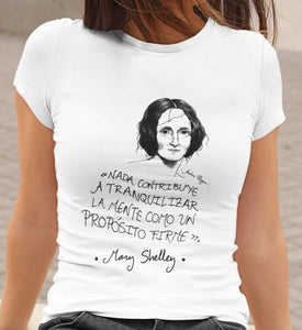 Camiseta blanca mujer con ilustración y cita de Mary Shelley en español.