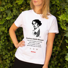 Cargar imagen en el visor de la galería, Camiseta blanca mujer con ilustración de Gustavo Adolfo Bécquer dibujada por Fernando Vicente.