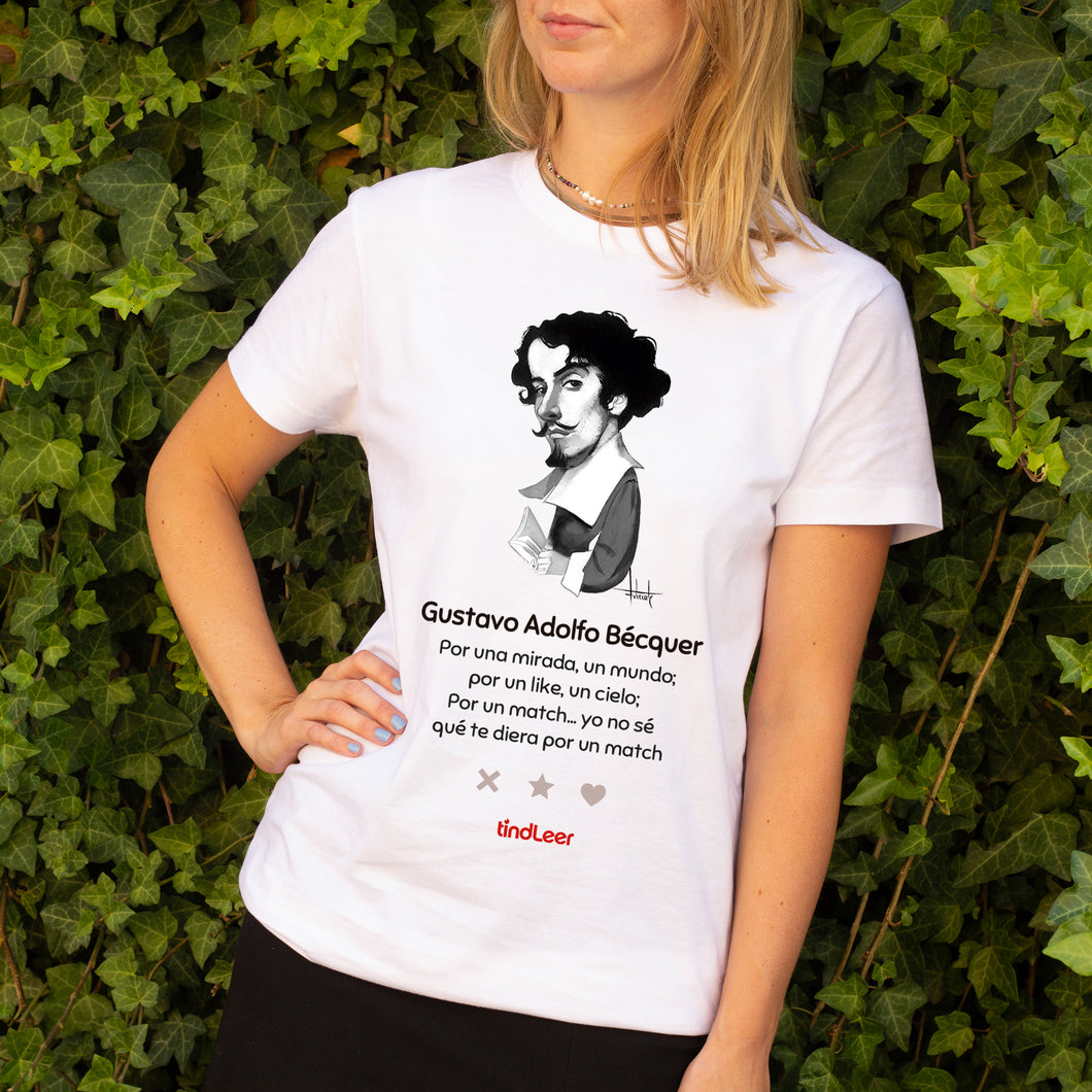 Camiseta blanca mujer con ilustración de Gustavo Adolfo Bécquer dibujada por Fernando Vicente.