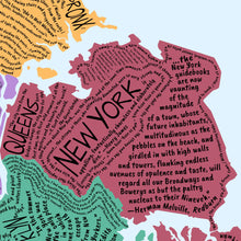 Cargar imagen en el visor de la galería, Mapa literario de Nueva York en inglés con citas sobre la ciudad.