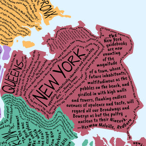 Mapa literario de Nueva York en inglés con citas sobre la ciudad.
