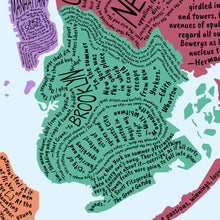 Cargar imagen en el visor de la galería, Mapa literario de Nueva York en inglés con citas sobre la ciudad.