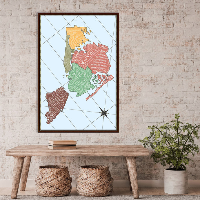 Mapa literario de Nueva York en inglés con citas sobre la ciudad.