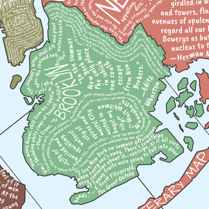 Mapa literario de Nueva York en inglés con citas sobre la ciudad.