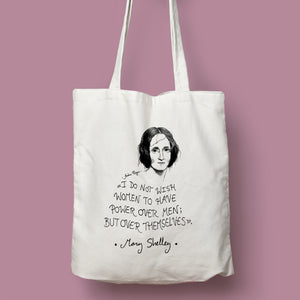 Tote bag natural con asa natural con ilustración y cita de Mary Shelley en inglés.