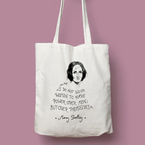 Tote bag natural con asa natural con ilustración y cita de Mary Shelley en inglés.