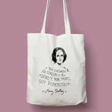 Cargar imagen en el visor de la galería, Tote bag natural con asa natural con ilustración y cita de Mary Shelley en español.