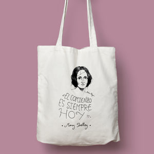 Tote bag natural con asa natural con ilustración y cita de Mary Shelley en español.