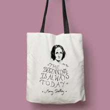 Cargar imagen en el visor de la galería, Tote bag natural con asa negra con ilustración y cita de Mary Shelley en inglés.