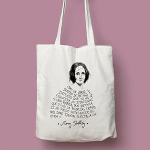 Tote bag natural con asa natural con ilustración y cita de Mary Shelley en español.