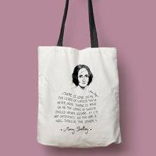 Cargar imagen en el visor de la galería, Tote bag natural con asa negra con ilustración y cita de Mary Shelley en inglés.
