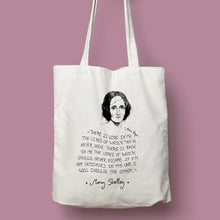 Cargar imagen en el visor de la galería, Tote bag natural con asa natural con ilustración y cita de Mary Shelley en inglés.