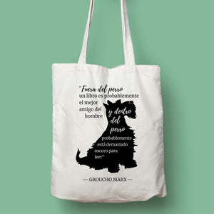 Tote bag color natural con asa natural de la colección Quotes & Co con ilustración de perro y cita de Groucho Marx.