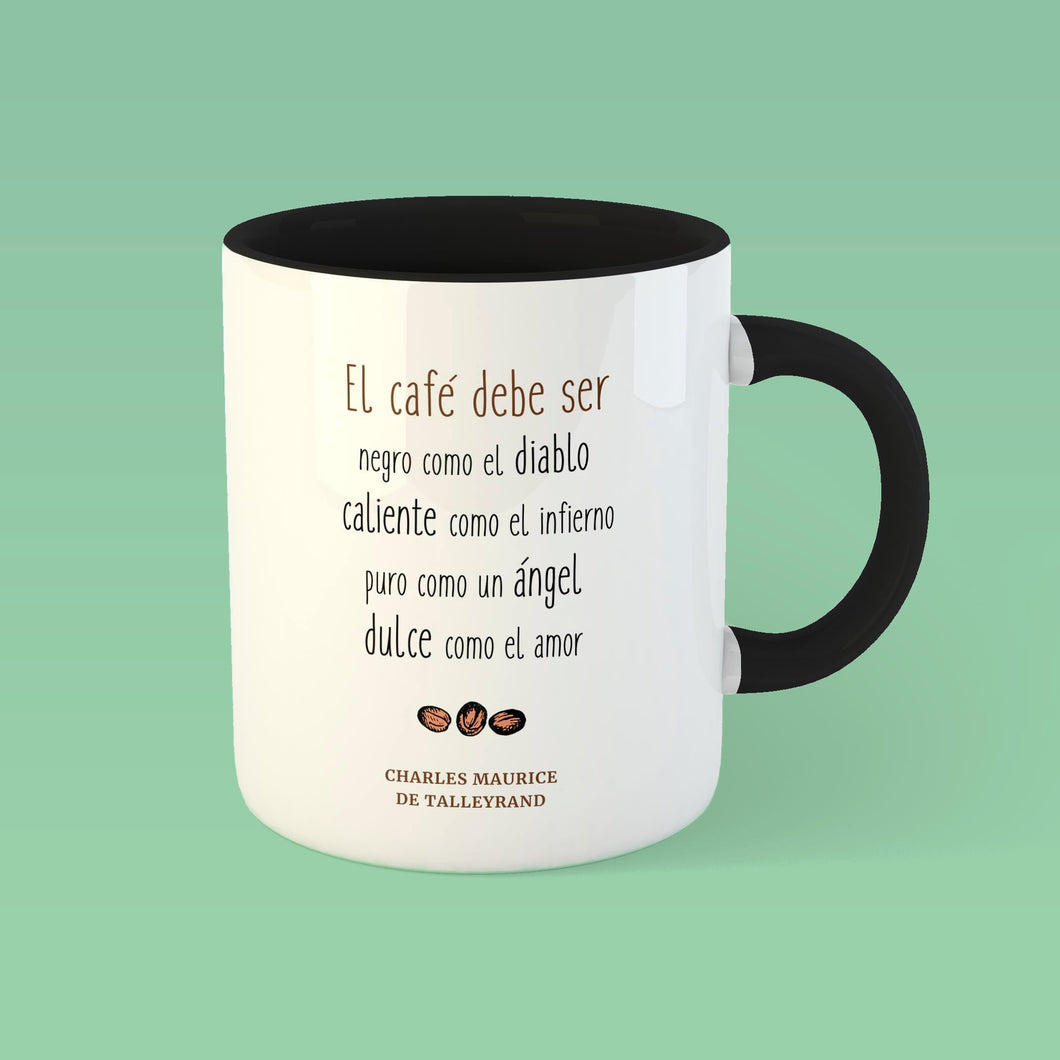 Taza blanca con asa negra de la colección Quotes & Co con cita de Charles Maurice de Talleyrand sobre sobre el café.