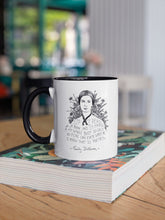 Cargar imagen en el visor de la galería, Taza blanca con asa negra con ilustración y cita de Emily Dickinson en inglés.