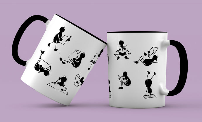 Taza blanca con asa negra de la colección Lectorix con 12 figuras de personas leyendo.