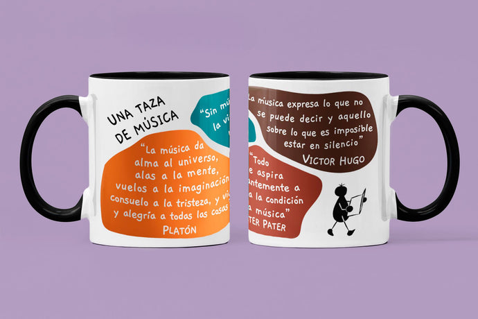 Taza blanca con asa negra de la colección Lectorix con citas de Victor Hugo, Nietzsche, Walter Pater y Platón sobre la música.