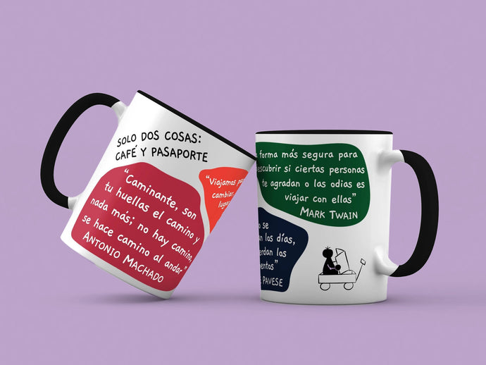 Taza blanca con asa negra de la colección Lectorix con citas de Cesare Pavese, Antonio Machado, Hipólito Taine y Mark Twain sobre los viajes.