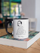 Cargar imagen en el visor de la galería, Taza blanca con asa negra con ilustración y cita de Stefan Zweig en inglés.