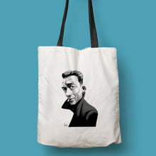 Cargar imagen en el visor de la galería, Tote bag natural con asa negra con ilustración de Albert Camus por Fernando Vicente