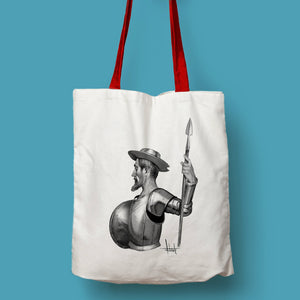 Tote bag natural con asa roja con ilustración de Don Quijote por Fernando Vicente