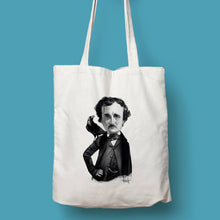 Cargar imagen en el visor de la galería, Tote bag natural con asa natural con ilustración de Edgar Allan Poe por Fernando Vicente