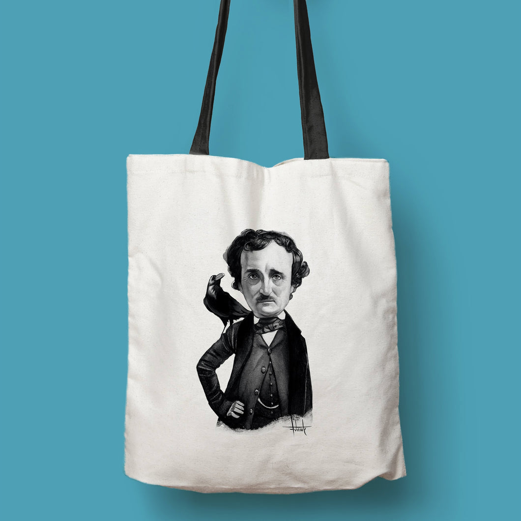 Tote bag natural con asa negra con ilustración de Edgar Allan Poe por Fernando Vicente