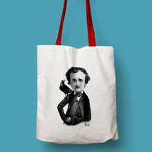 Cargar imagen en el visor de la galería, Tote bag natural con asa roja con ilustración de Edgar Allan Poe por Fernando Vicente