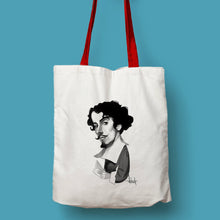 Cargar imagen en el visor de la galería, Tote bag natural con asa roja con ilustración de Gustavo Adolfo Bécquer por Fernando Vicente