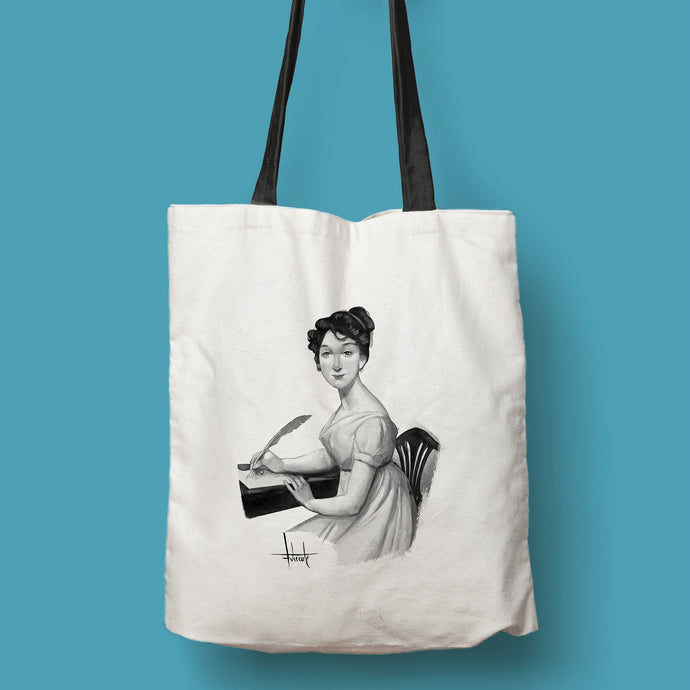 Tote bag natural con asa negra con ilustración de Jane Austen por Fernando Vicente