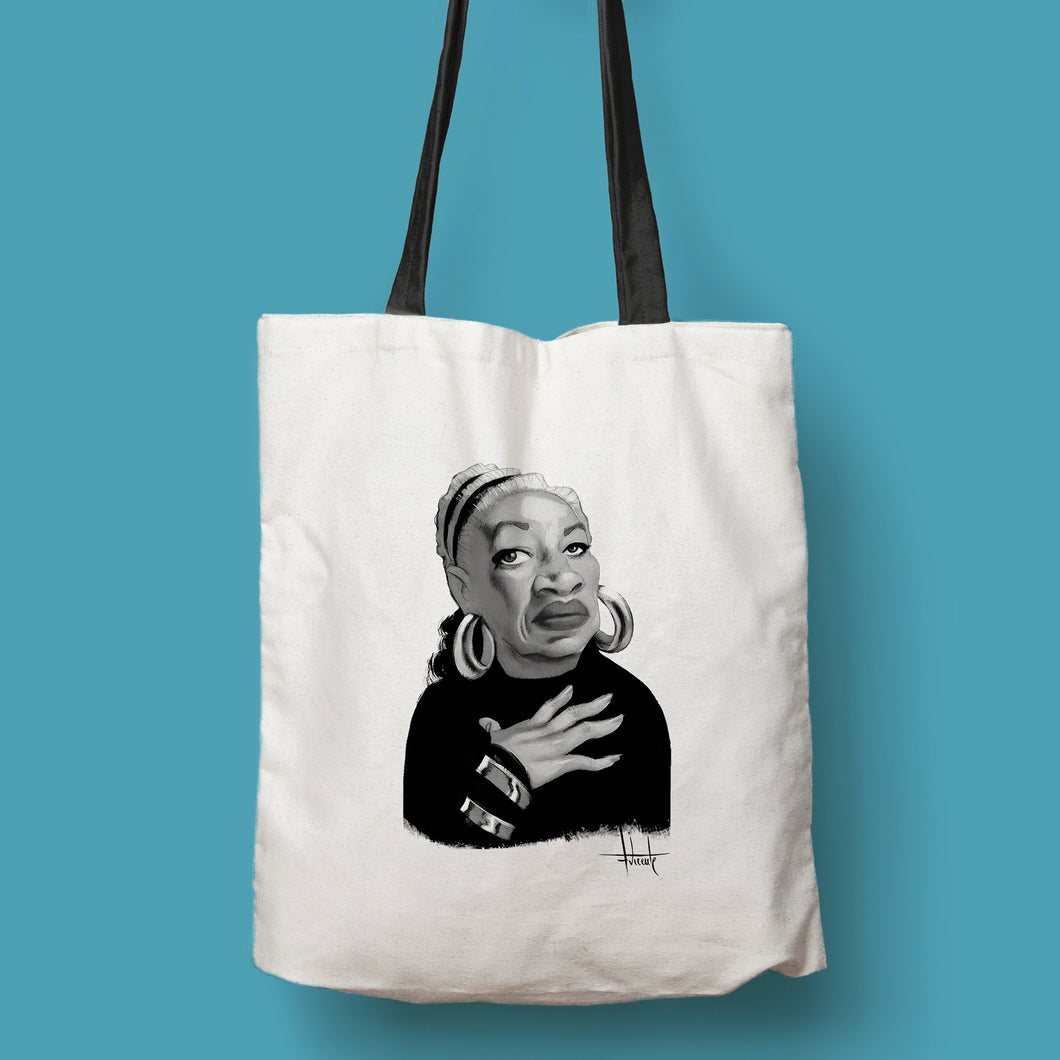 Tote bag natural con asa negra con ilustración de Toni Morrison por Fernando Vicente