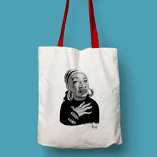 Cargar imagen en el visor de la galería, Tote bag natural con asa roja con ilustración de Toni Morrison por Fernando Vicente