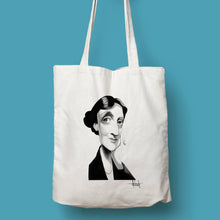 Cargar imagen en el visor de la galería, Tote bag natural con asa natural con ilustración de Virginia Woolf por Fernando Vicente