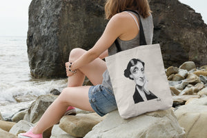 Tote bag natural con asa negra con ilustración de Virginia Woolf por Fernando Vicente